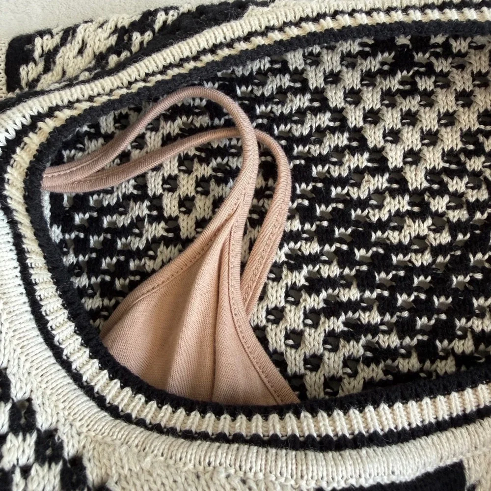 Gap Black &‎ Ivory Chevron Knit Sweater Tank Dress Sleeveless Stretch Midi Lined